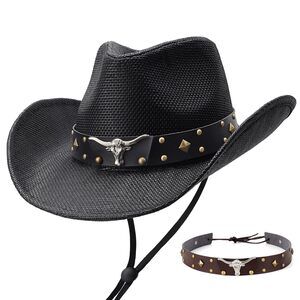 3828 Cowboy Cowgirl Hats For Men Women 2 Pack Hatbands Straw Hat Wide Brim